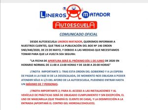Comunicado oficial reapertura 1 de Junio